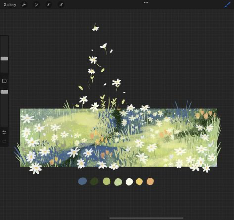 this is a digital painting of a meadow with white flowers. the image is on a tablet screen. the color palette is displayed below the image.