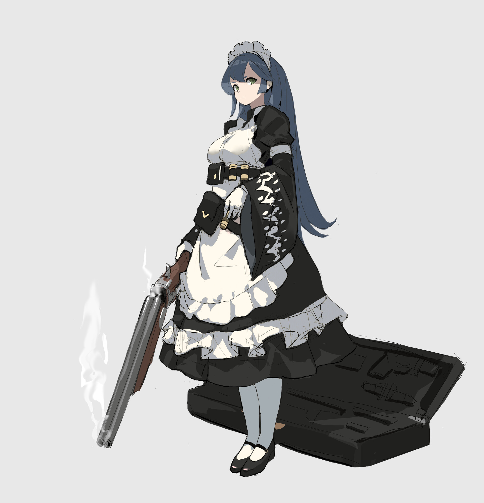 an anime girl dressed in a maid outfit stands with a shotgun. there is smoke coming from the barrel of the gun. behind her is an open gun case. the background is gray.