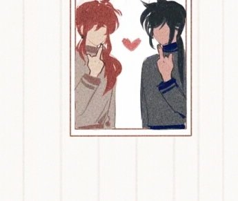the image shows a framed illustration or fanart depicting a young animestyle couple.  the girl on the left has long, reddishbrown hair and is wearing a light brown/beige outfit. the boy on the right has dark hair and is wearing a grayish outfit with dark blue accents. both are making a cute hand gesture, fingers forming a heart shape. a small pink heart is visible between them. the overall style is soft and pastel colored, evoking a romantic and gentle mood. the artwork appears to be digitally created or scanned from paper.  the frame is simple, lightbrown/beige and is set against a light, textured white/offwhite background.