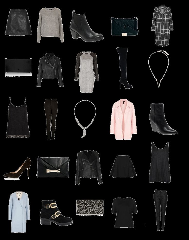 this image contains an assortment of women's clothing and accessories, displayed in a grid format. the items include skirts, pants, jackets, sweaters, dresses, necklaces, handbags, purses, jewelry, shoes, and boots. the colors range from black to gray, pink, and blue. the items are arranged in a way that suggests they are part of a curated selection for a modern and fashionable wardrobe.