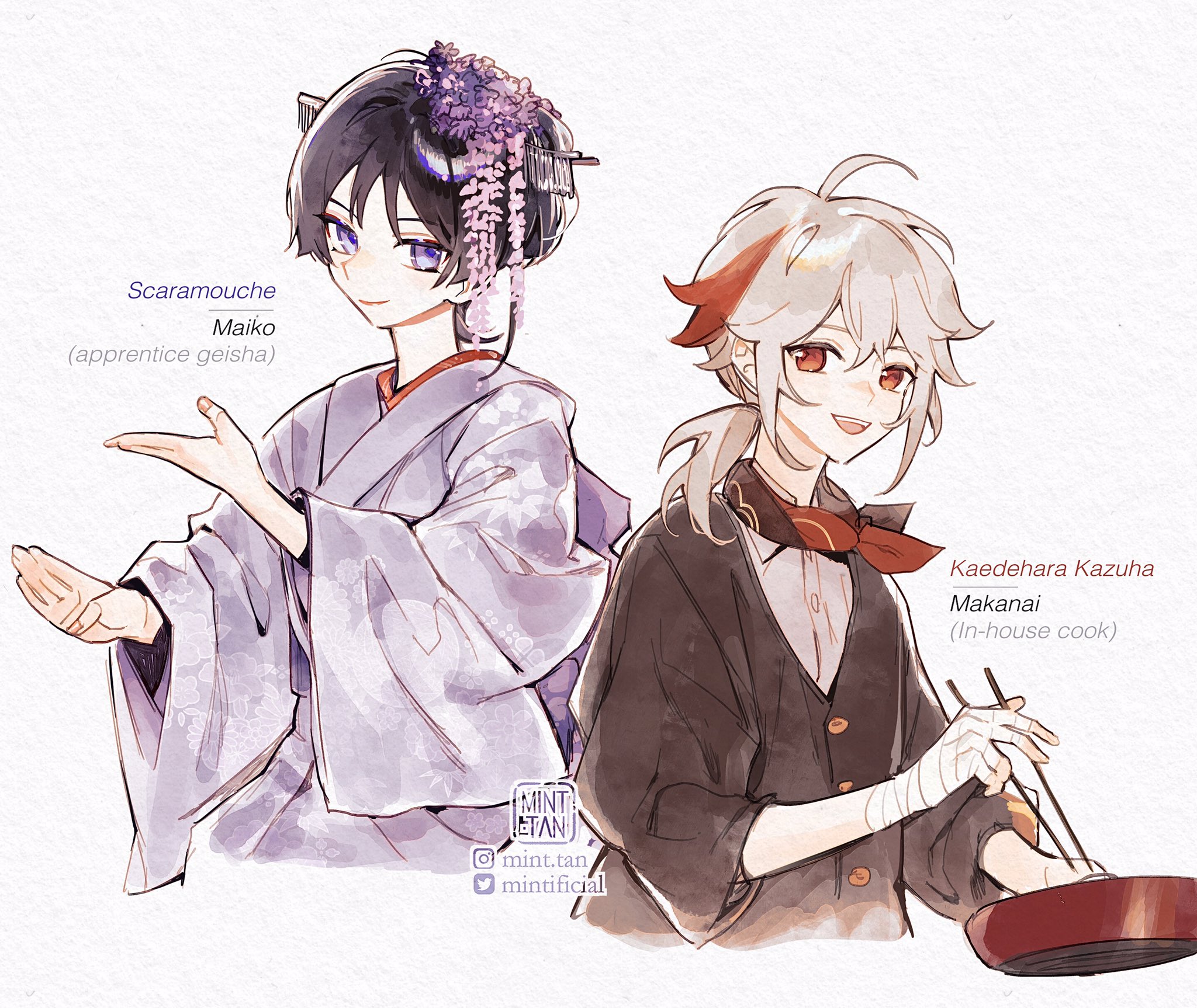 this is a watercolor illustration of scaramouche and kazuha from the popular game genshin impact. scaramouche is drawn in a purple and white maiko outfit and holding out a hand, while kazuha is drawn in a black suit holding a red pan. the two characters are drawn in a stylized anime style. the background is a simple white background.  the artist's signature is in the bottom left corner.