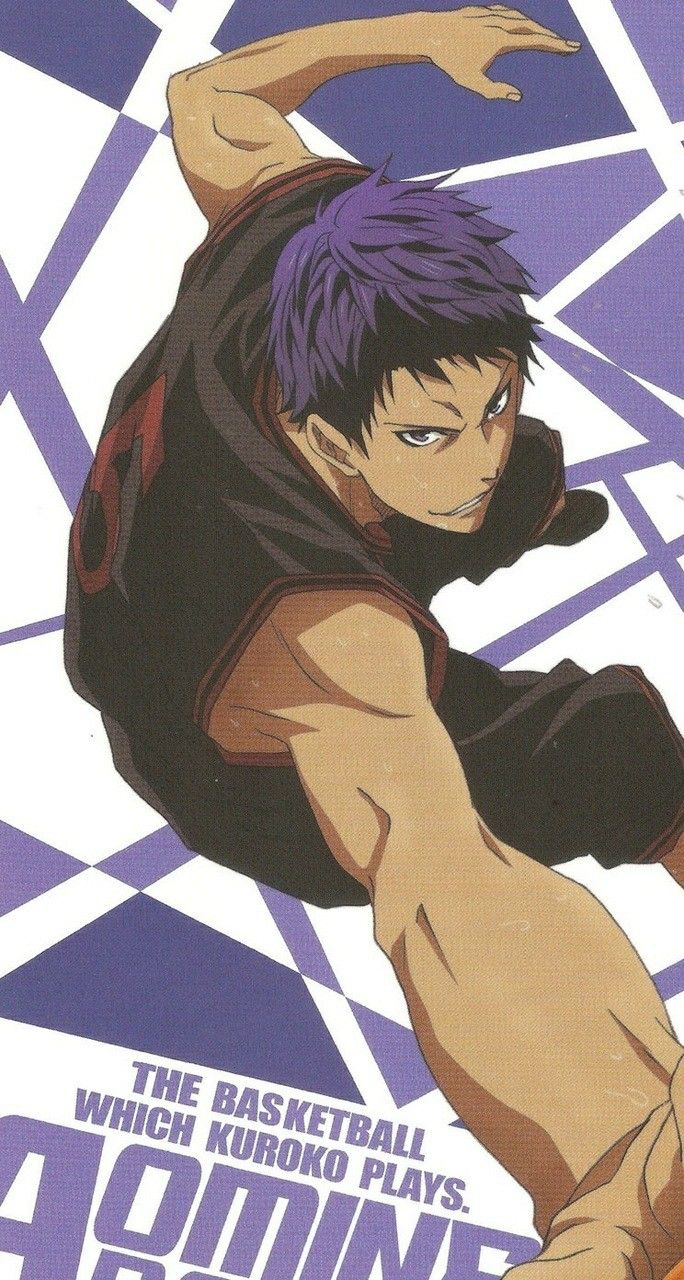 a close up shot of an anime character from the show "kuroko no basuke". kuroko tetsuya is standing with his arm raised in a basketball stance.  the background is made up of a checkered pattern with an inscription at the bottom that reads "the basketball which kuroko plays".