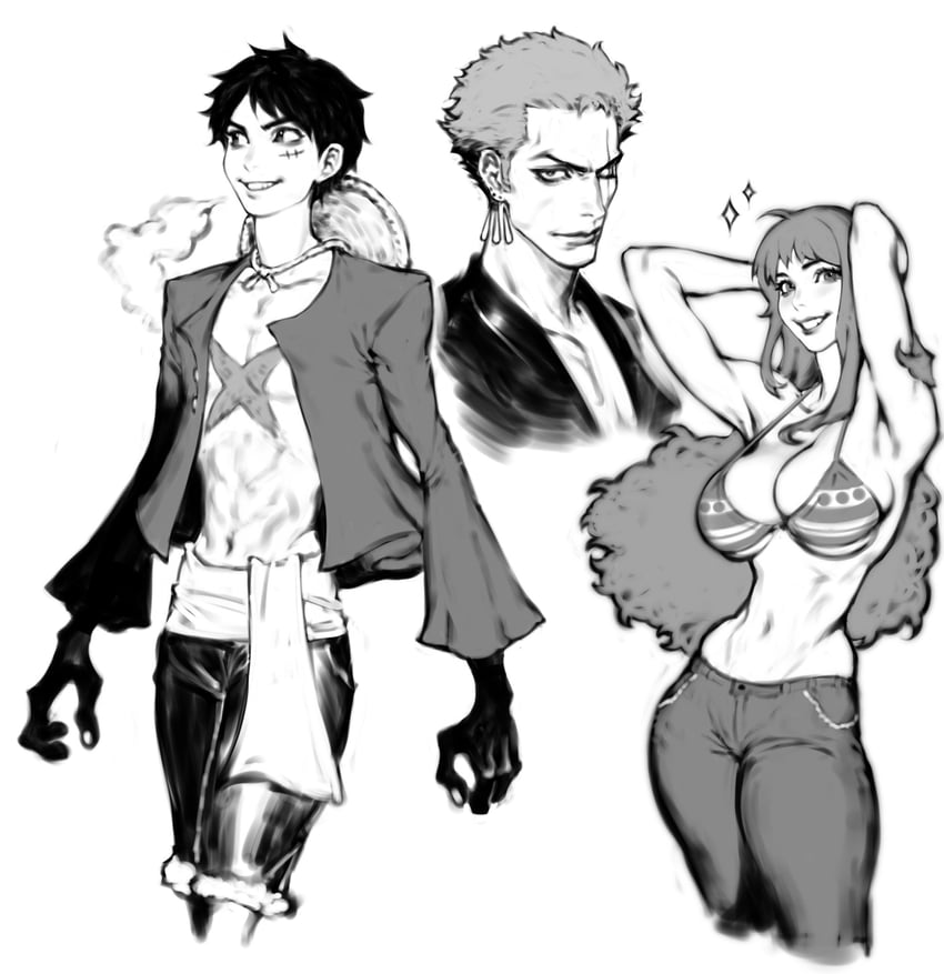 this is a black and white sketch of three characters, likely fan art, from the anime one piece. from left to right: monkey d. luffy, sanji, and nami. luffy, with his signature straw hat (not pictured) is posed casually with a smirk. sanji is depicted from the shoulders up with a confident smirk. nami is posing with her hands on her head and a large smile.