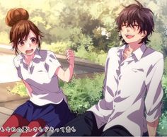 the image shows a cheerful young couple, a boy and a girl,  enjoying a sunny day outdoors. they appear to be sitting on a bench in a parklike setting, surrounded by lush greenery. the lighting is bright and warm, casting a soft glow on the couple.  the girl is depicted with brown hair styled in a high bun and wears a white and blue school uniform. the boy, also with brown hair, is dressed in a similar white uniform with the top buttons undone. they both have cheerful expressions, highlighting the joyous and romantic atmosphere of the scene.