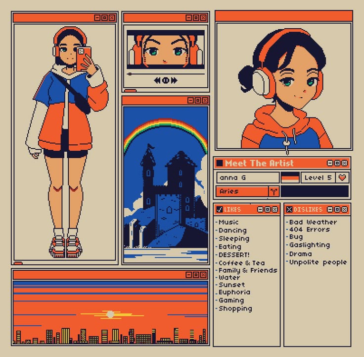 the image is a pixel art illustration in a retro computer window style. it depicts a young woman with headphones, stylized as an "artist." there are separate boxes showing her full figure taking a selfie, a closeup of her eyes, and a portrait of her face. additional panels include a castle under a rainbow, a cityscape at sunset, and lists of things she "likes" and "dislikes." the "meet the artist" section identifies her as "anna g", an aries, and level 5.