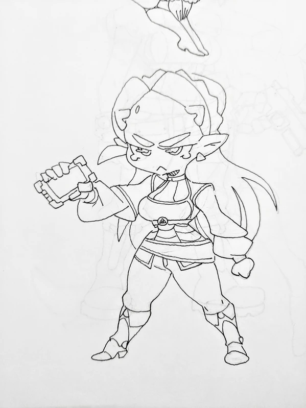 a black and white line art drawing of a girl with big eyes, a long, flowing ponytail, and a sword in her hand.  she has a warrior's outfit with a shield. she looks like a character from a video game.