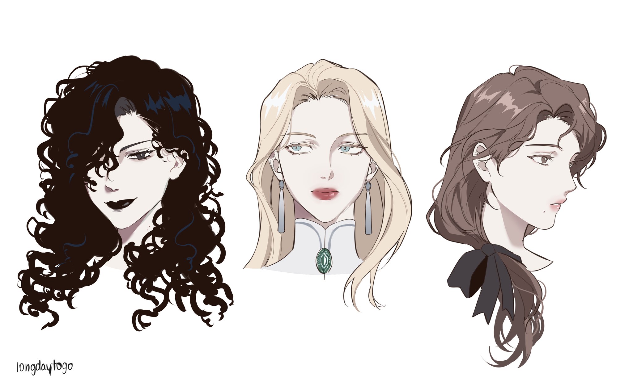 the image showcases three distinct female character portraits, each with a unique hairstyle and aesthetic.   left: a woman with voluminous, dark curly hair, dark eyes and lips, and a slightly serious expression.  her style is dramatic and edgy. center: a blonde woman with long, straight hair styled simply. she has light eyes, neutral lips, and is wearing an elegant, highnecked garment with a green gemstone pendant.  she appears more reserved and sophisticated. right: a woman with shoulderlength, wavy brown hair, tied back with a black ribbon. her expression is calm and serene, viewed in profile.  her style seems understated but chic.the artwork is clean and stylish, with muted color palettes enhancing the overall elegant feel. the artist's signature, "longdaytogo," is visible in the bottomleft corner.  the portraits are likely concept art or character design pieces, possibly for a comic, animation, or novel.