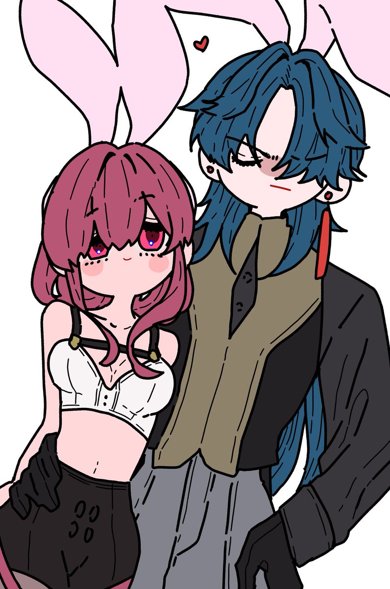 the image shows a cartoon couple, a girl and a boy, with the girl wearing bunny ears and the boy with blue hair. they are both smiling and appear to be in a romantic relationship. the girl has pink hair and is wearing a black outfit. the boy is wearing a black jacket over a gray outfit.