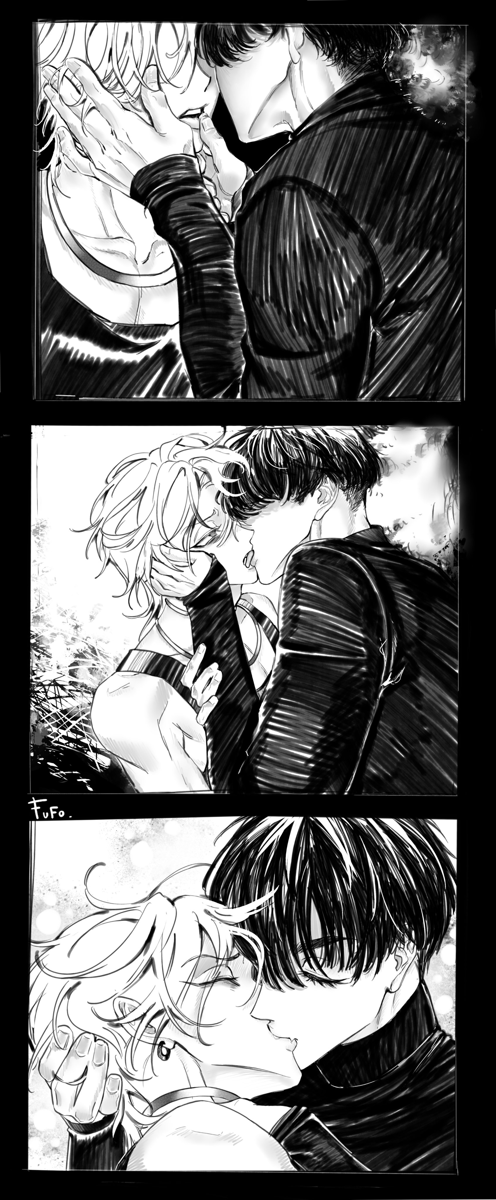 he image is a mangastyle illustration depicting three different romantic scenes between two young men. all three panels showcase the couple intensely kissing, displaying a strong sense of passion and intimacy. the art style is monochromatic, using shades of gray and black to create depth and emotion. the characters are drawn with detail, emphasizing their facial expressions and body language. the overall mood is romantic and suggestive, typical of yaoi manga. the scenes are visually captivating, drawing the viewer into the emotional intensity of the moments portrayed.