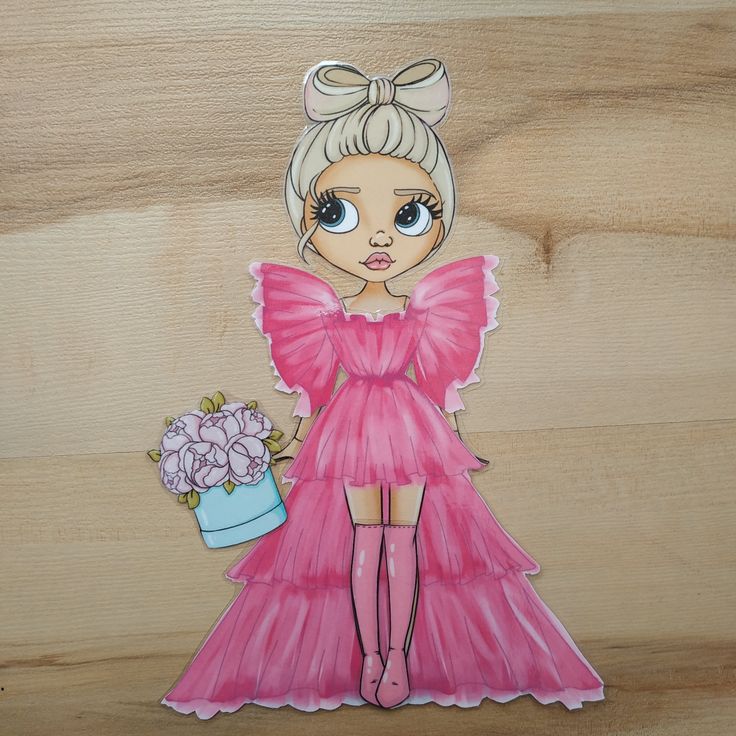 a cartoon doll with blonde hair tied up in a bow is wearing a pink dress and holding a blue pot of flowers. the doll has large eyelashes and a cute expression.