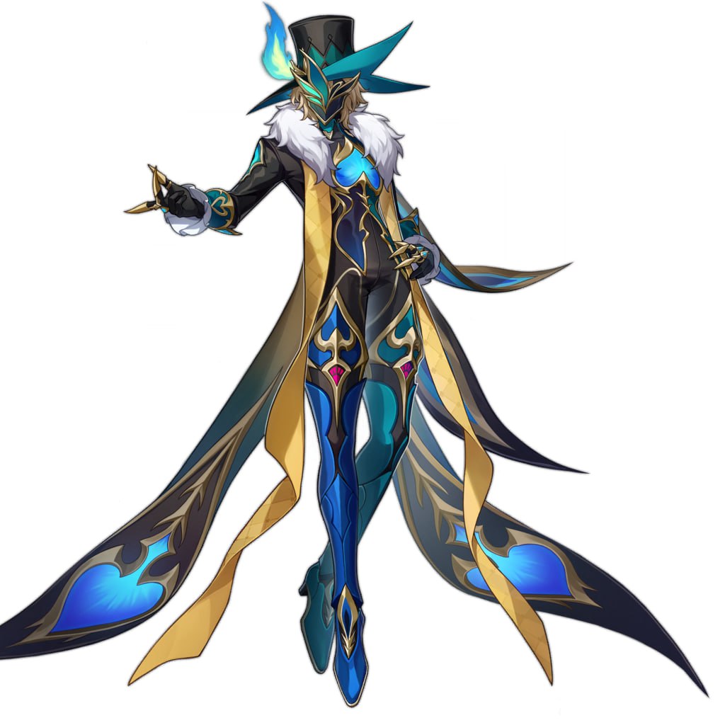 the image shows an anime male character wearing a black and yellow costume, with a blue and black cloak adorned with spades and hearts. he has a blue and gold mask with a blue flame and wears a black top hat with blue details. he looks to be a magician or sorcerer.