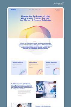 the image shows the website homepage for a company that provides solutions for the biotech and pharmaceutical industries. the website features a colorful abstract design with a tagline that reads "unleashing the power of life. we are your premier partner for biotech & pharma solutions." the website also includes a call to action that encourages visitors to explore the world of bioengineering. the website is designed to be visually appealing and informative, and it highlights the company's commitment to providing innovative solutions for the biotech and pharma industries. the website also features a section on the company's services, which include bioinformatics, data analysis, genetic diagnostics, and genomics. the website is designed to be a valuable resource for businesses and organizations looking to advance their research and development in the biotech and pharma industries.