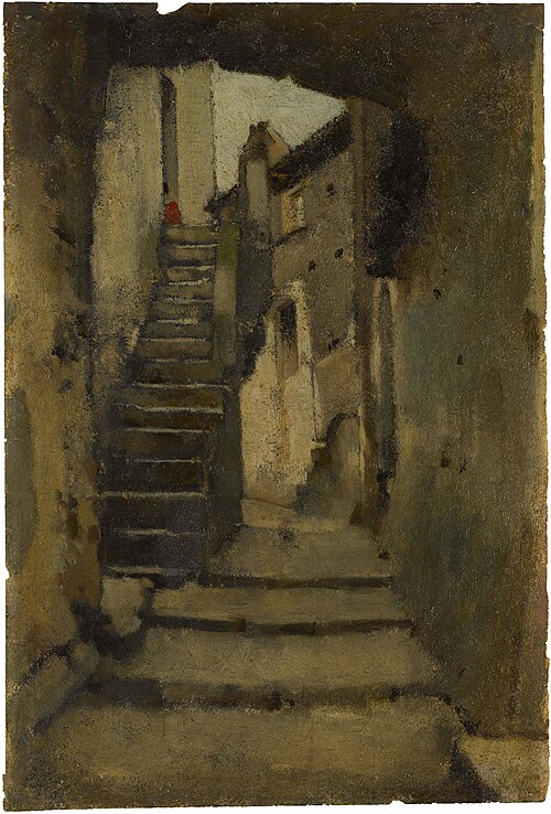 the image is a painting depicting a narrow alleyway with a long flight of stone stairs leading upward between buildings. the buildings appear old and weathered, with a rustic texture. the alleyway is dark, with shadows obscuring some details. the stairs dominate the center of the image, and the perspective draws the eye upward. the overall scene suggests an urban environment with aging infrastructure and a sense of history.