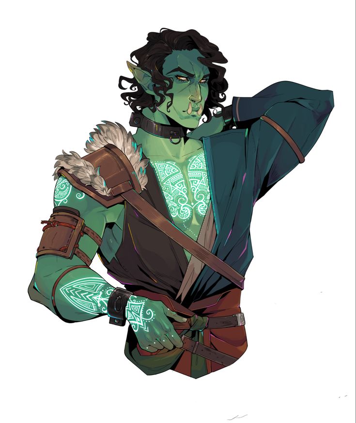 a digital illustration of a male orc character with green skin and a long black braid. he is wearing leather armor with fur,  a green and blue garment, and a belt around his waist. he is looking at the viewer with a sly smile. the art style is in line with the style of modern fantasy art.