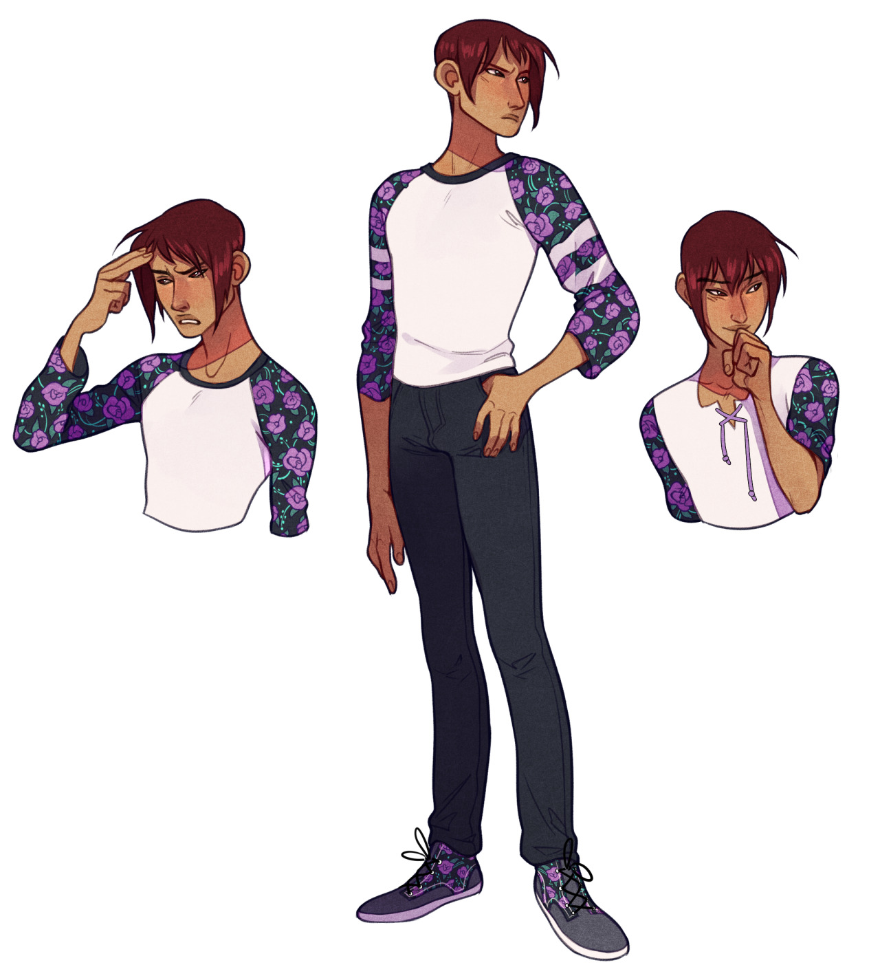 a digital illustration of a young man with brown hair and brown eyes. he is shown in three poses to show off his outfit. he's wearing a white tshirt, a baseball tee with a purple floral print on the sleeves, dark pants, and purple and grey sneakers.  he has a frustrated expression on the left, a neutral expression in the center, and a thoughtful expression on the right.