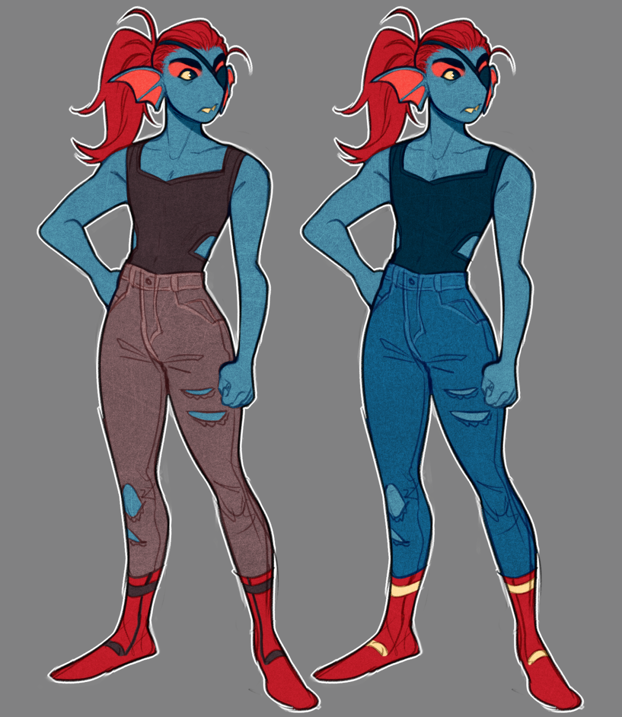 two illustrations of undyne from undertale are presented side by side on a grey background. she is depicted in a casual, humanlike style with ripped jeans, a tank top, and red socks. the illustrations showcase two different color palettes for her outfit.