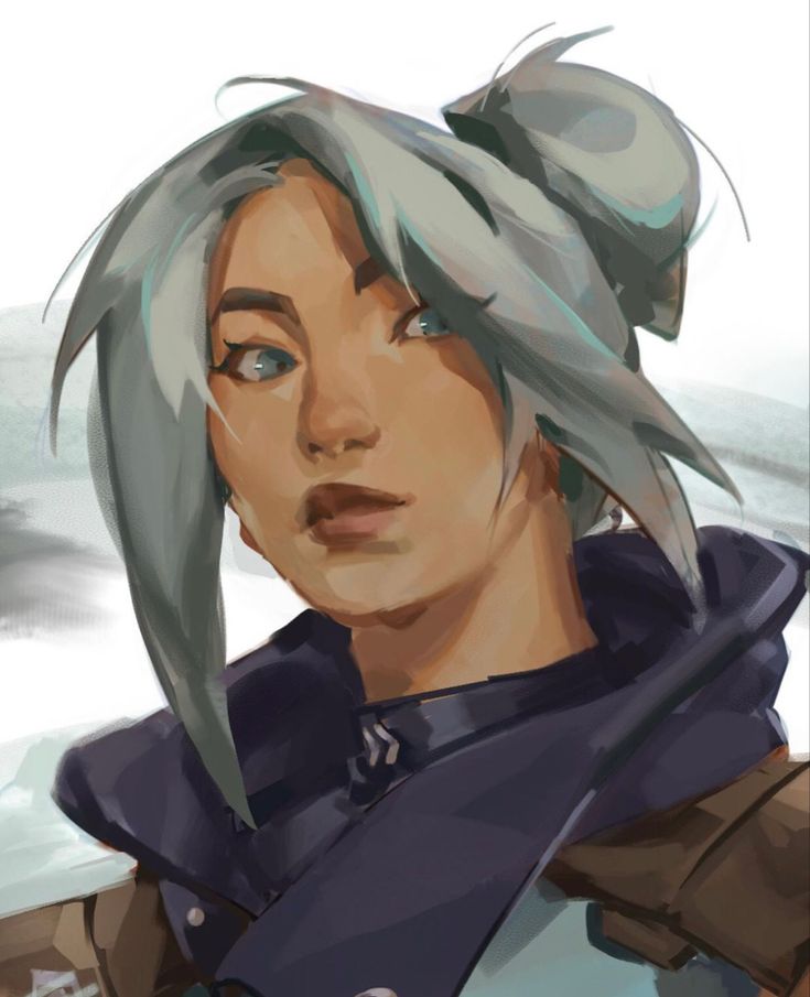 the image is a digital painting of a young woman's portrait. she has light grey hair styled in a high bun, and her expression is serious and contemplative. her skin tone is light, and she possesses lightcolored eyes.  she's wearing a darkcolored, hooded jacket with a visible shoulder strap or bag. the art style blends a realistic approach to the face and skin with a more painterly, less detailed approach to the clothing and background. the overall mood is somewhat mysterious and intriguing.