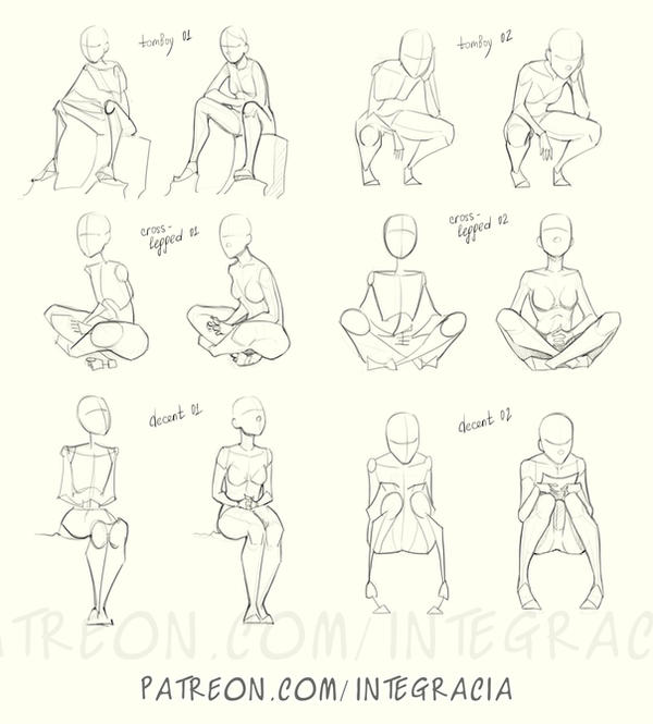 he image contains twelve sketches of female figures in various sitting poses.  each pose is labeled with a descriptive name like "tomboy," "crosslegged," or "decent," and a number (01 or 02) indicating a variation of that pose. the sketches are simple line drawings, focusing on the overall form and posture rather than detailed features. the style is reminiscent of anime or manga character design.  the sketches appear to be reference material for artists, perhaps for learning how to draw different sitting poses for female characters. the bottom of the image includes a patreon and website url.