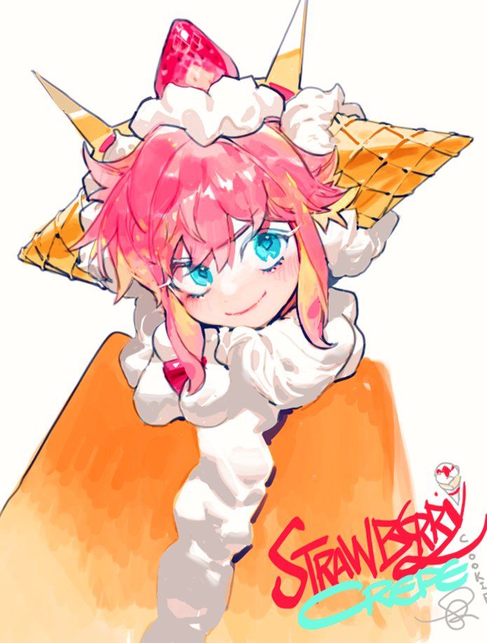 a cute anime girl with pink hair and a sweet expression is dressed in a white and yellow ice cream cone. the cone is adorned with a strawberry on top and a yellow and white whipped cream. she looks playfully at the viewer, as if inviting them to share in her delicious treat. the background is a warm orange gradient with the words "strawberry creme" written in a fun, colorful style. the image is full of vibrant colors and playful energy, perfectly capturing the sweetness of the subject.