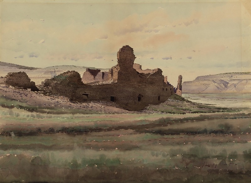a watercolor painting depicting the ruins of an ancient building, possibly located in chaco canyon, new mexico. the building is made of adobe bricks and has several openings and walls. in the background, there is a desert landscape with a mesa or canyon. the sky is cloudy with hints of pink and blue. the painting captures a sense of history and the cultural heritage of the american southwest.