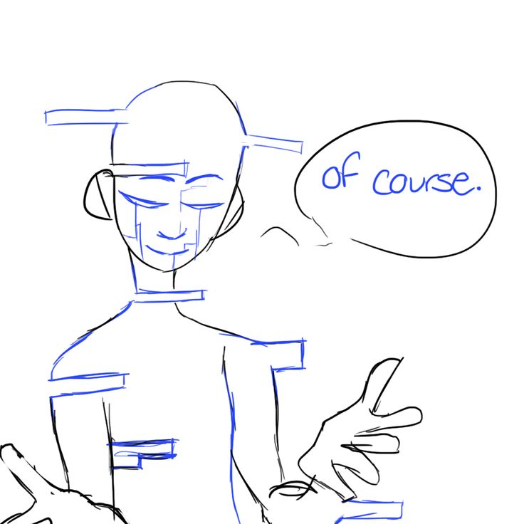 a simple line drawing of a cartoon character, resembling a robot or android, with a speech bubble saying "of course." the character has a happy and friendly expression. the drawing is done in black and blue ink on white paper. it has a simple and cartoonish style.