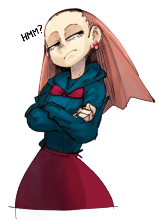 this is a drawing of a girl with red hair and blue eyes, wearing a blue hoodie and a red skirt with a bow. she is looking down, frowning and thinking, with her arms crossed and a speech bubble that says "hmm?". the background is white.