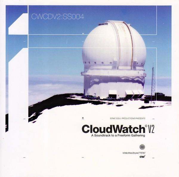 this is the album art for "cloudwatch v2: a soundtrack to a freeform gathering".  there's a large white astronomical observatory against a bright blue sky. the ground is dark and rocky.