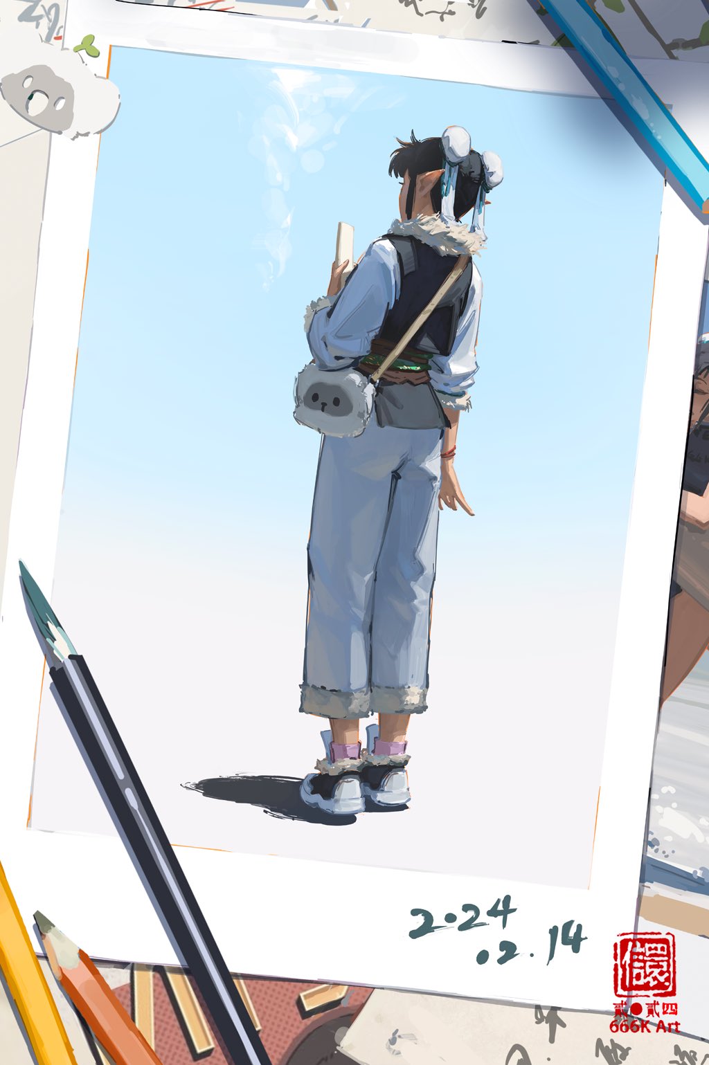 the image shows a digital painting of a young girl, possibly an anime or cartoon character, from behind. she is wearing a light blue outfit that includes pants and a vest, with a cute koalashaped bag hanging from her shoulder. her light blue pants are cuffed at the bottom and she's wearing lightcolored sneakers. she is standing outdoors with a clear sky in the background and appears to be looking at something in the distance. her hair is dark and styled with lightblue hair accessories.  the painting is framed like an old photograph or polaroid, with visible pencil marks, pens, and other art supplies scattered on a surface around the "photo."  the date "224 02.14" is written on the corner. a red stamp with chinese characters is near the bottom. the overall style is soft, dreamy, and somewhat nostalgic.