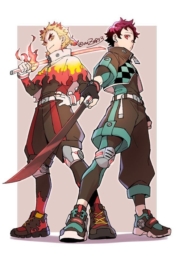 two anime characters are depicted in dynamic poses, dressed in stylish streetwear that incorporates elements of their traditional demon slayer uniforms.  on the left, a young man with fiery orange hair and matching accents on his outfit stands with a determined expression. he holds a sword engulfed in flames, showcasing his fiery abilities. beside him, a young man with burgundy hair and a distinctive green and black checkered jacket stands with a serene yet focused look. he confidently grips his sword, ready for action. the artwork captures the essence of their personalities and fighting styles.