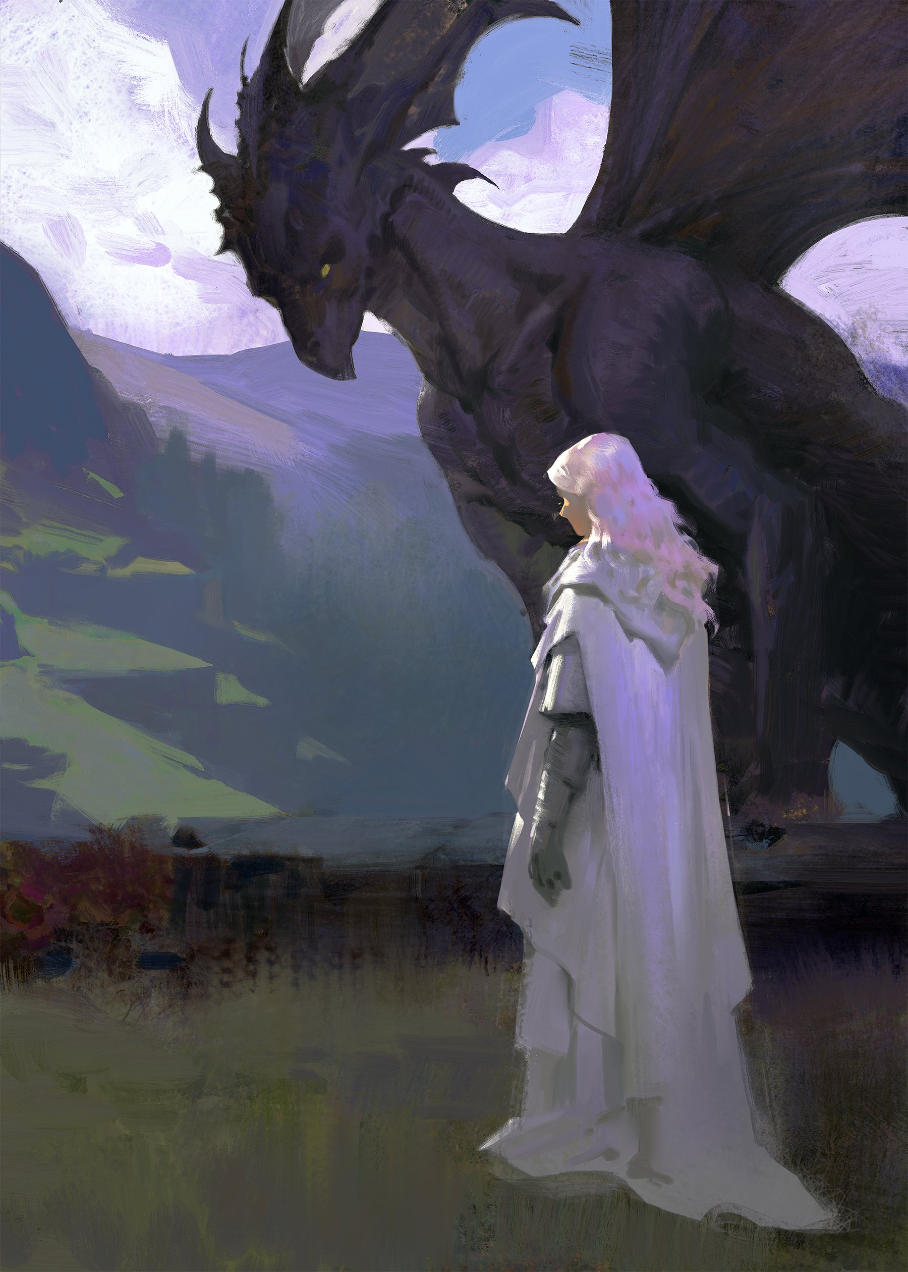 a digital painting depicting a woman in a white robe standing before a large black dragon. the dragon has large wings and is in a defensive posture. the woman is looking at the dragon with a sense of wonder and awe. the background is a soft blur of purple and green. the painting has a mystical and magical feel.