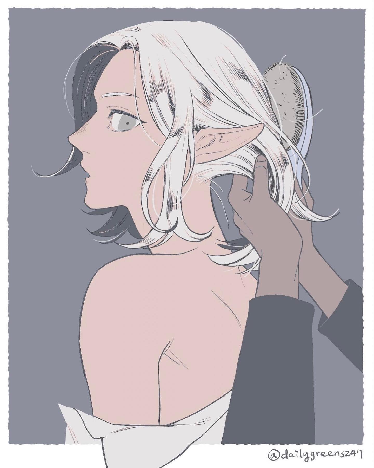 the image is a digital drawing in a soft, pastel anime/manga style.  it depicts a young woman or elf, identifiable by her pointed ears, with long, white/grey hair. she's facing away from the viewer, her profile visible, and another hand is gently brushing her hair with a hairbrush. she is shown from the midback up and is dressed in a simple offwhite garment; her shoulders and upper back are exposed. the background is a muted greypurple. the overall style evokes a sense of calm and elegance. the artist's signature, "@dailygreens241", is subtly placed in the bottom right corner.
