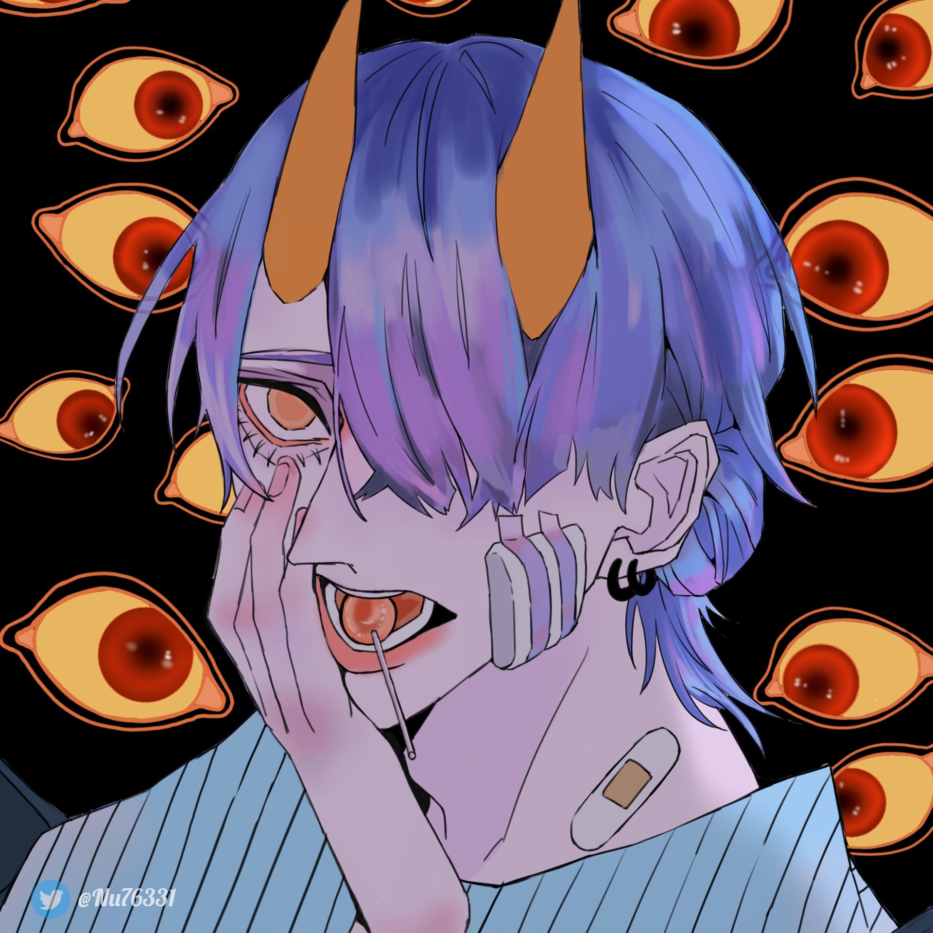 the image is of an anime character with purple hair and horns. he has bandages on his face and a lollipop in his mouth. the character is looking at the viewer with a creepy expression and surrounded by a bunch of eyes. the background is black.