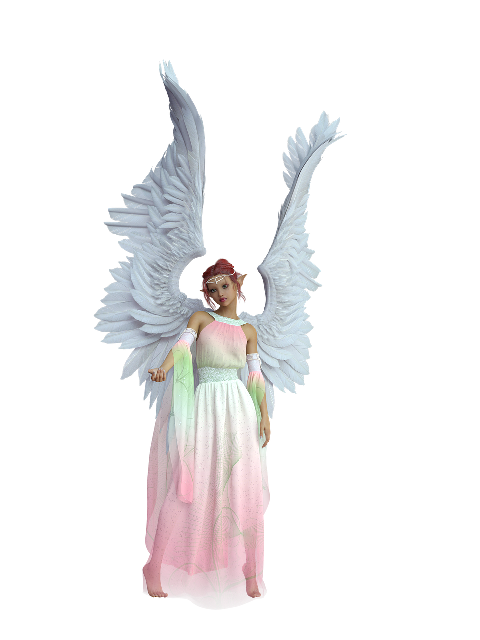 the image features a digitally rendered ethereal fairy or angel with large white wings against a stark black background. the figure is a slender woman with delicate features, pointed elflike ears, and reddishorange hair adorned with a jeweled headband. she is wearing a flowing, multilayered dress that transitions in color from soft pink at the hem to white and light green around the waist and upper bodice. she has pale skin and a serene expression, adding to the overall feeling of fantasy and otherworldliness.