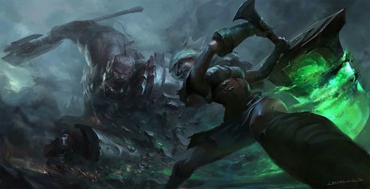 the image is a dynamic piece of digital fantasy art, likely fanart from the game league of legends. it depicts a fierce female warrior, wielding a large axe that glows with eerie green energy, locked in brutal combat with a massive, monstrous ogre. the scene is violent and chaotic, set in a dark, misty environment suggesting a battlefield. the overall mood is grim and intense, emphasizing the action and the ferocity of the fight. other smaller figures, possibly fallen combatants, can be seen in the background, adding to the sense of scale and the ongoing battle. the style is detailed and painterly, with a focus on motion and dramatic lighting.