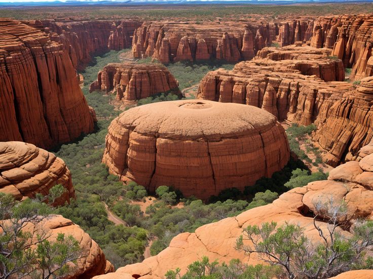 the image showcases a wide view of a rugged canyon landscape in central australia. the scene is dominated by large, red rock formations, including tall cliffs and distinctive domeshaped rocks. lush green trees and shrubbery fill the valleys between the rock formations. the terrain is arid and reflects an outback environment, suggesting a remote and natural wilderness. the distant mountains provide a sense of depth.