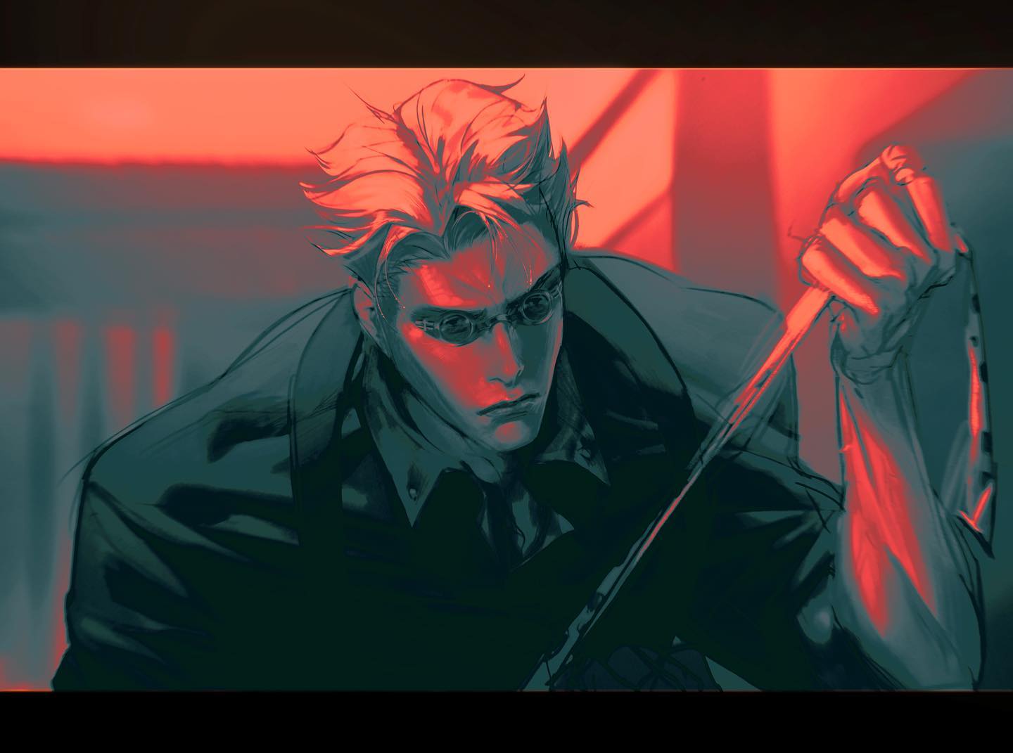 an anime man with blond hair wearing sunglasses holds a weapon as his right arm is outlined in red. he's in a dark suit and jacket. there are red and orange lighting effects in the background.