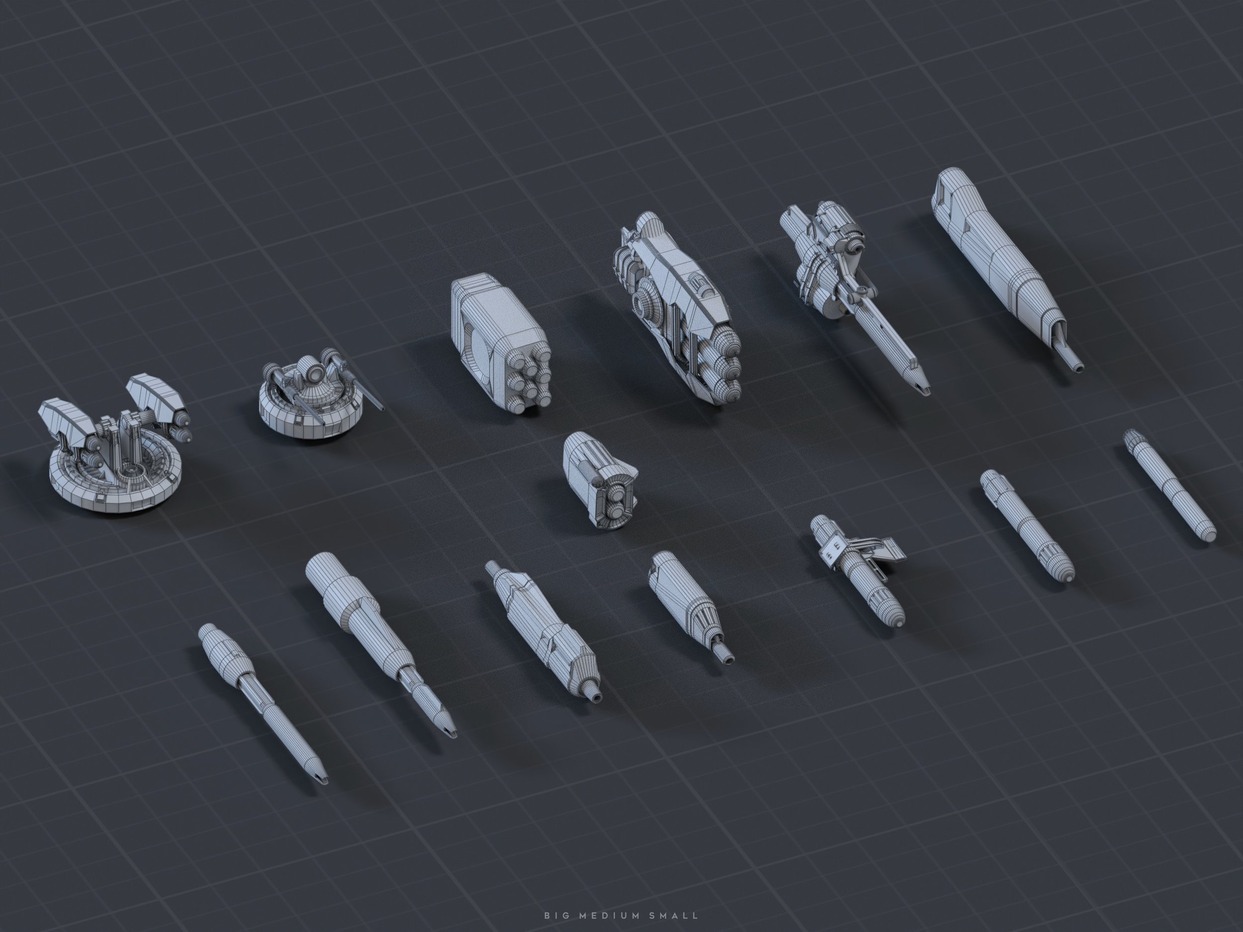 this image shows a 3d wireframe render of various spaceship weapons, ranging in size from big to small.  the models are displayed on a dark grey gridded background. the weapons are depicted in a variety of designs, including cannons, missiles, and smaller projectile weapons. the sizes are indicated at the bottom of the image: big, medium, small.  the image appears to be a preview for a video game or other digital project.