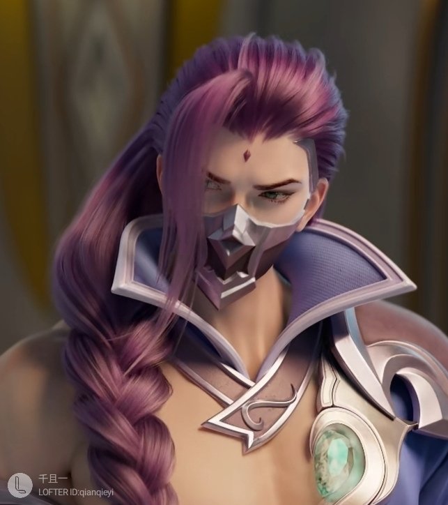 a closeup portrait of an anime woman with purple hair and a braided hair. she's wearing a silver mask and armor, her eyes are looking towards the right side.