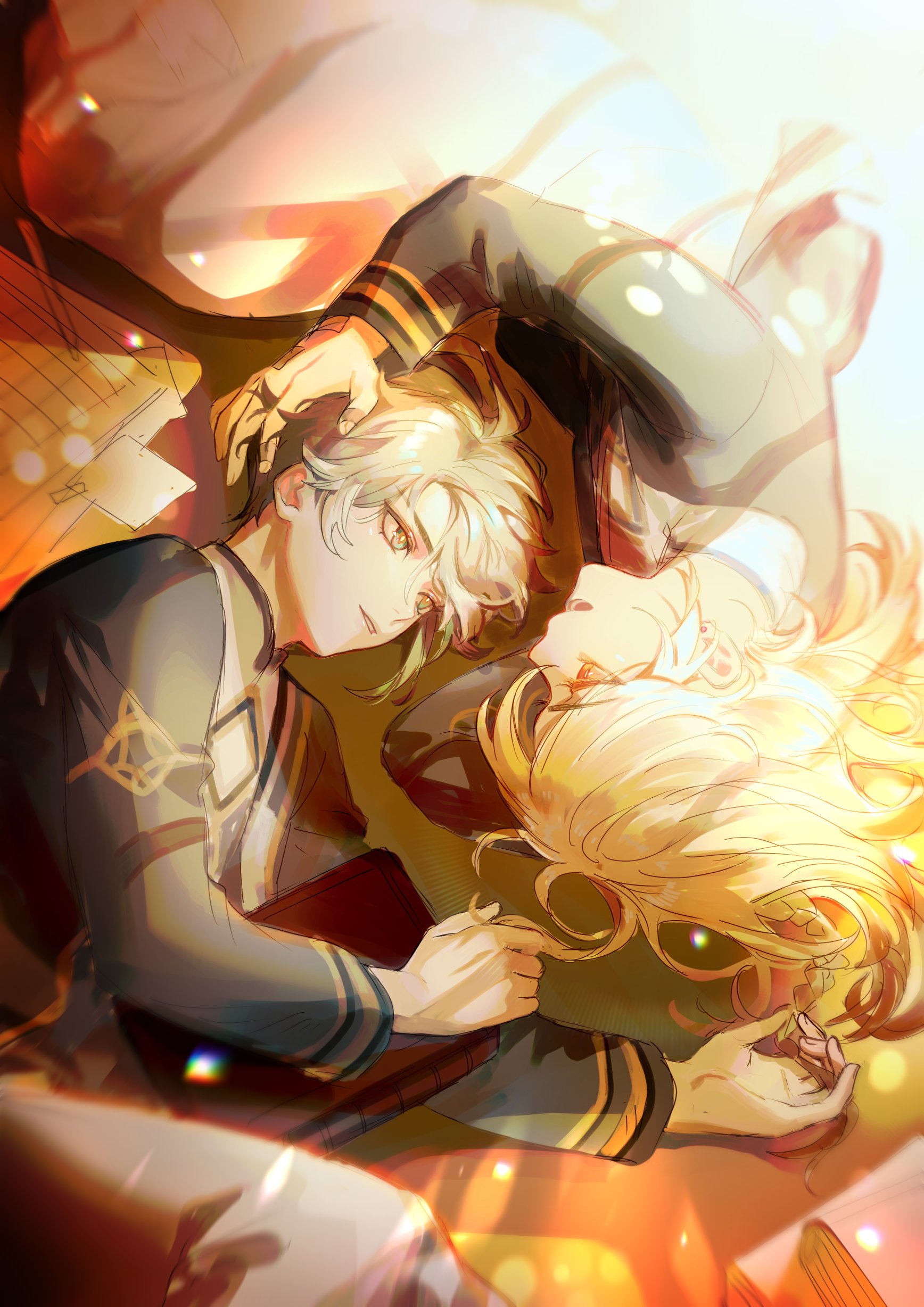 the image depicts a romantic and intimate moment between two anime characters. a young man with white hair and a