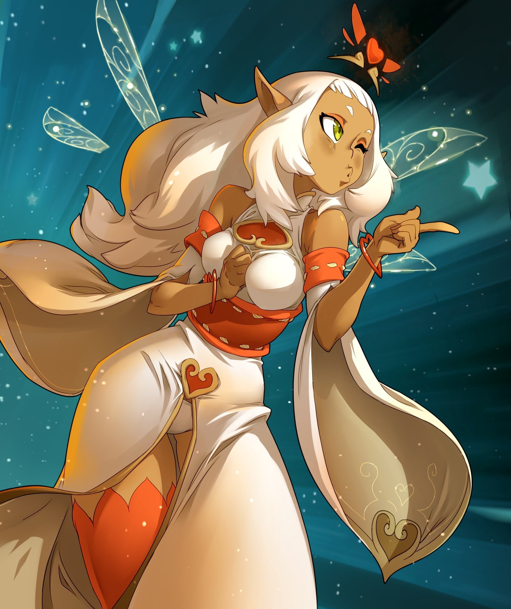 a beautiful anime girl with white hair and red and white clothing is standing with her wings out in a background with blue and white colors.  she has a heartshaped crown and a mischievous smile.  the background has stars in it.