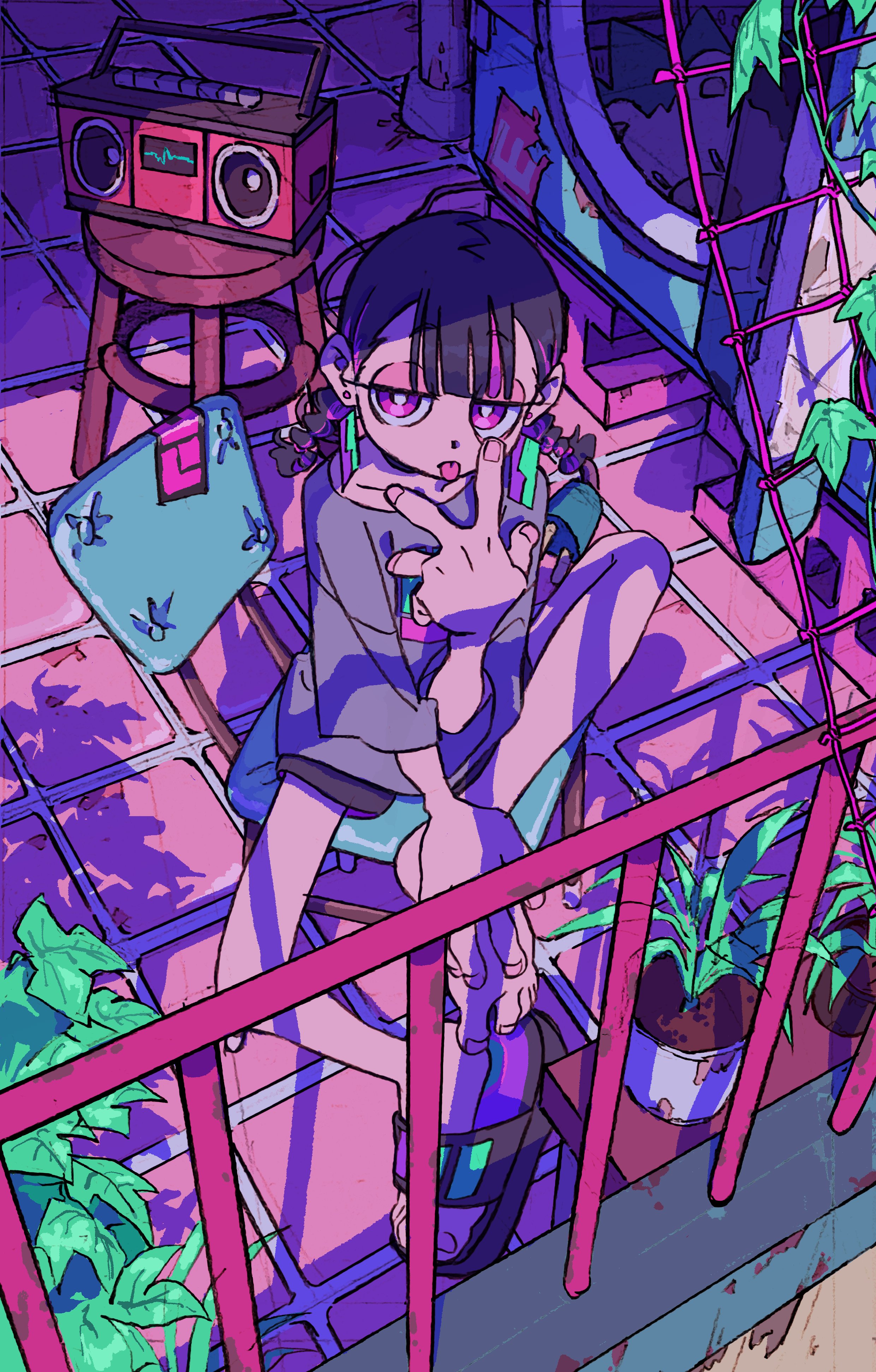 a vibrant animestyle illustration of a young woman on a rooftop balcony at night.  she is perched on a railing, surrounded by potted plants, a cassette player, and laundry hanging in the background. the scene is bathed in neonlike purple and pink hues, creating a cool and stylish atmosphere.