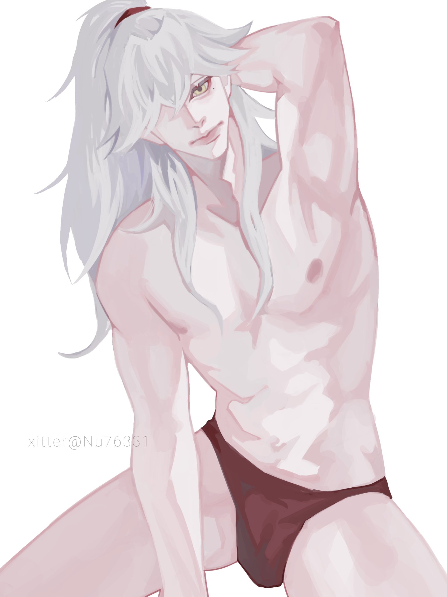 this is a digital illustration of a man with long white hair and a muscular physique, sitting in a pose with his arm raised above his head. he is wearing red underwear and his upper body is bare. the background is a white, blank space.