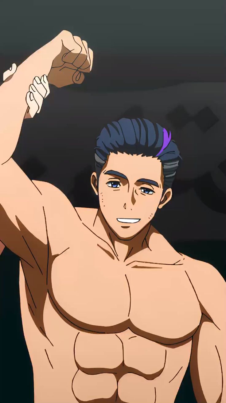 a digital animestyle drawing of a shirtless muscular man smiling and raising his right fist while someone is putting on a wrist wrap on his right wrist.