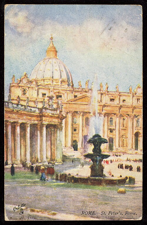a vintage postcard image of st. peter's basilica in rome, featuring its dome, columns, and a fountain in the foreground. the sky is visible in the background, and there are people in the scene.