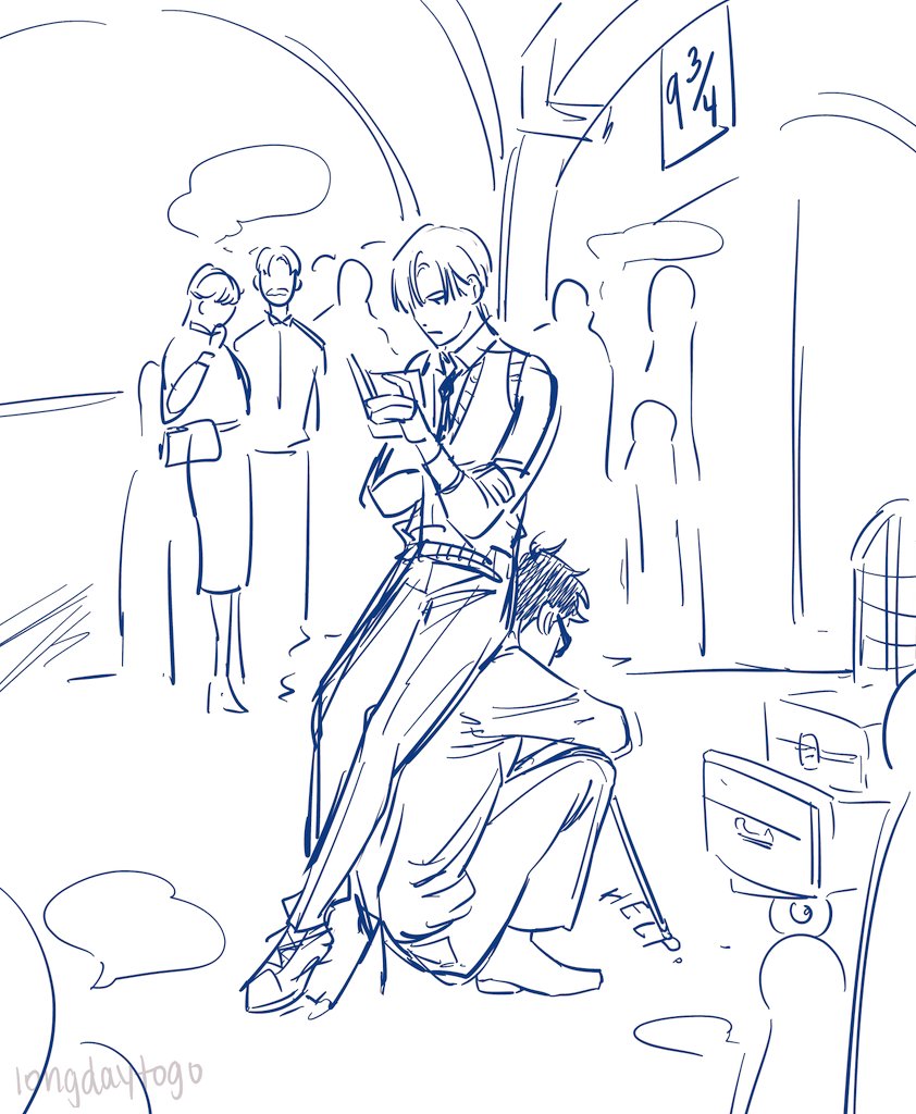 blue line sketch depicting two animestyle characters, one sitting with the other leaning on him.  the characters are at what looks like a train station platform amongst a crowd of other people. one character is reading a book. luggage is visible nearby. the style is loose and informal.