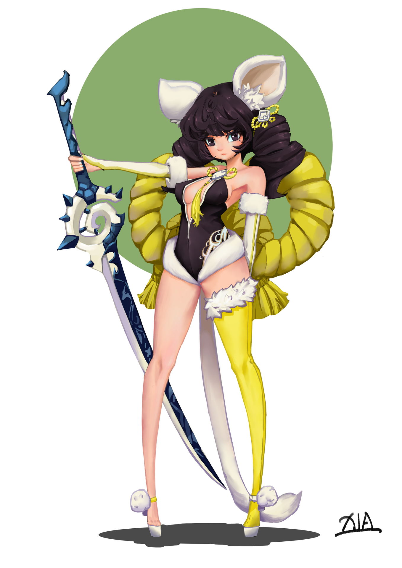 an anime girl warrior is standing with a sword in her right hand. she is wearing a white, black and yellow outfit and has a fluffy tail. she is posed in a fighting stance with a fierce look on her face. the background has a green circle behind her.