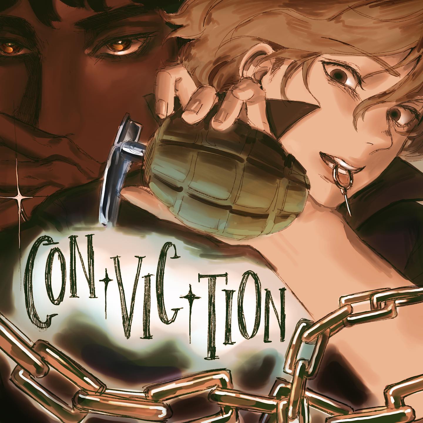 the image is a striking piece of digital art in an anime/manga style. it depicts two men in a close embrace. one man has dark skin and intense brown eyes, the other has lighter skin and brown hair.  the lighterskinned man holds a grenade,  and both are partially bound by heavy chains. the word "conviction" is prominently displayed, appearing as a tattoo or marking on the lighterskinned man’s chest. the overall mood is dark, intense, and emotionally charged, possibly suggesting themes of rebellion, passion, and captivity. the artistic style is refined, with a focus on detailed character features and shading.  the image has a strong visual impact, suggesting a possible cover for a graphic novel or similar media.