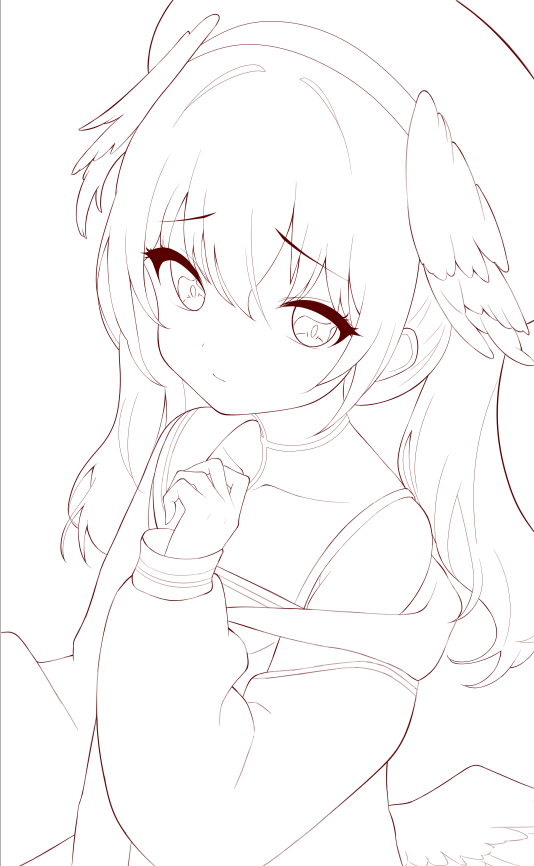 he image is a line drawing of an animestyle girl. she has long hair, large eyes, and wings. she is wearing a loosefitting top and her pose suggests she is shy or thoughtful. the drawing is done in red lines on a white background, and it is a clean and simple style.