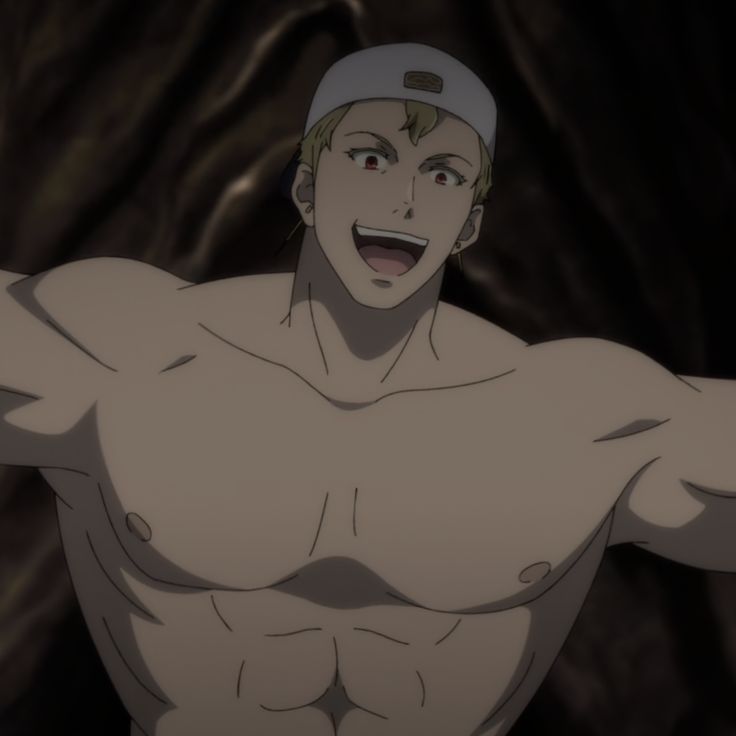 a muscular, shirtless anime character with blond hair smiles happily and shows off his sixpack abs. he is wearing a white cap and is posed in a way to show off his muscles.