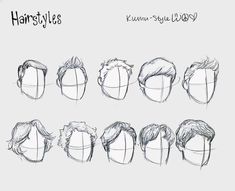 the image consists of nine pencil sketches of men's hairstyles. the hairstyles depict short to medium length hair, styled in various ways. each hairstyle is presented as a front view of a head, void of facial features, allowing for a focus on the hair structure and flow.